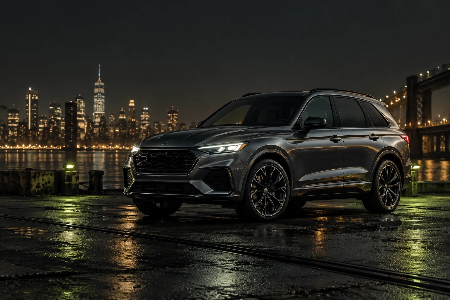 Charcoal SUV beside the New York waterfront at dusk